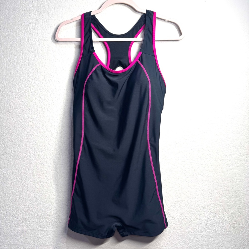 Women’s Athletic One Piece Swimsuit Boyleg Size‎ L Black and Pink Racerback